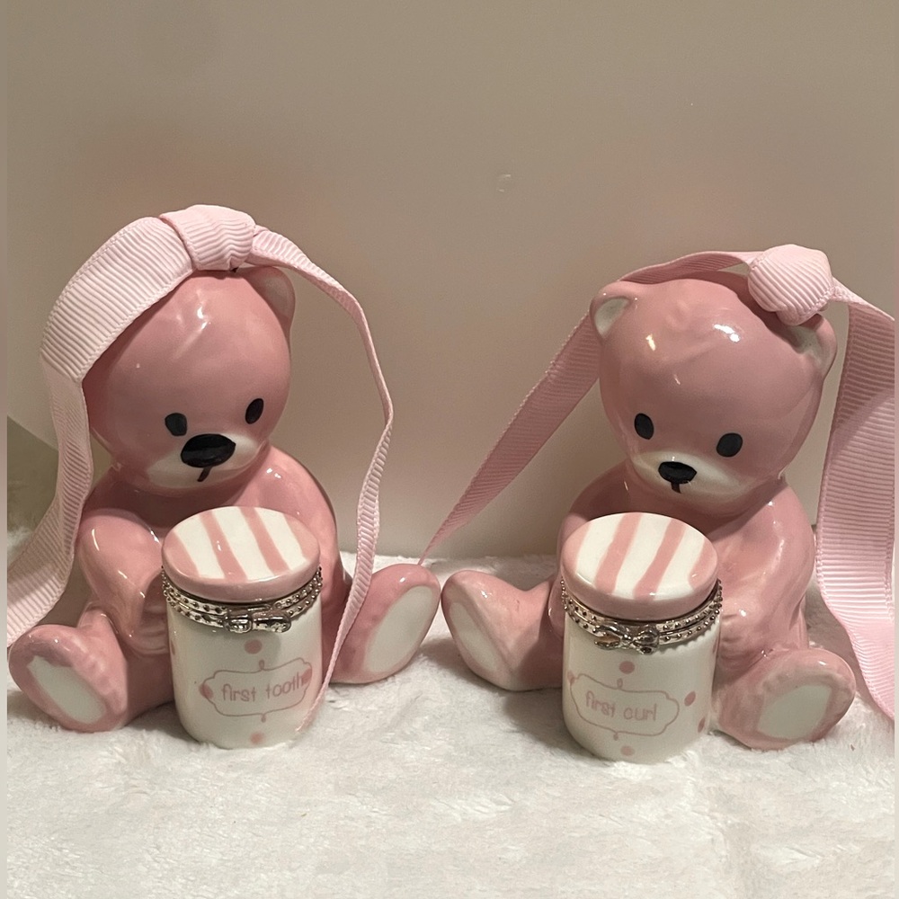 Mud Pie “First Tooth & First Curl” Pink Bear Handcrafted Ceramic Keepsake Set